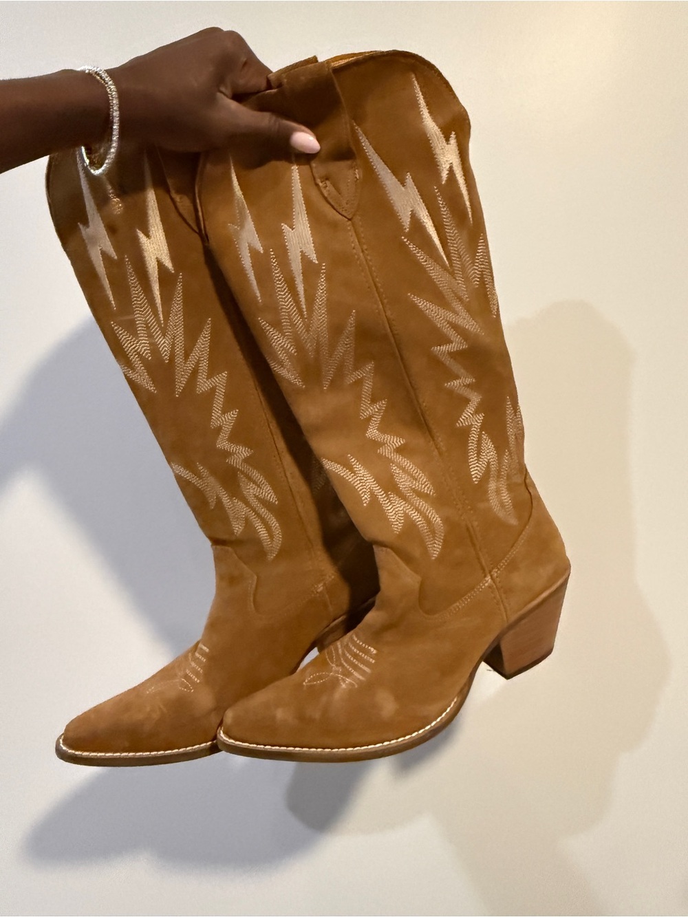 dingo Tan Suede Western Knee-High Heeled Boots - Picture 3 of 7